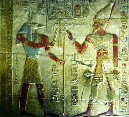 Le pharaon Sethi Ier recevant les attributs royaux de la main d'anubis