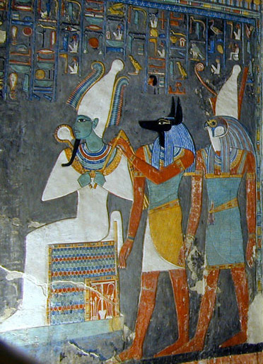 Osiris protégé par ses fils Anubis et Horus